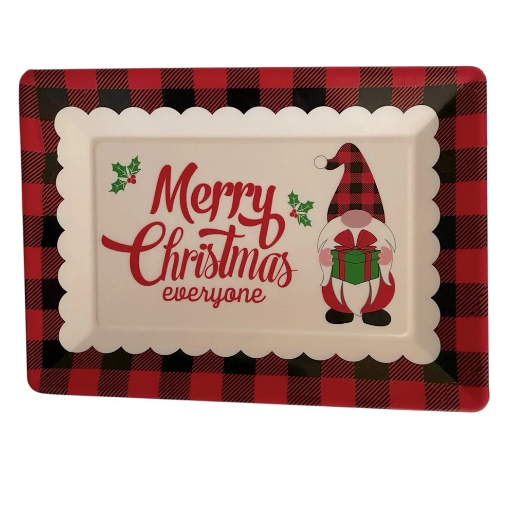 Christmas Melamine Serving Trays Red Black Buffalo Plaid Border Gnome Set of Two